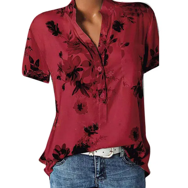 Color: Gold, Size: 5XL - Temperament new women's shirt printing large size casual shirt loose V-neck short-sleeved shirt blouse