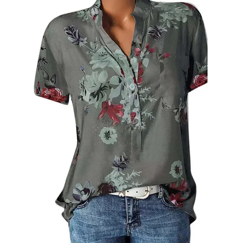 Color: Gold, Size: 5XL - Temperament new women's shirt printing large size casual shirt loose V-neck short-sleeved shirt blouse