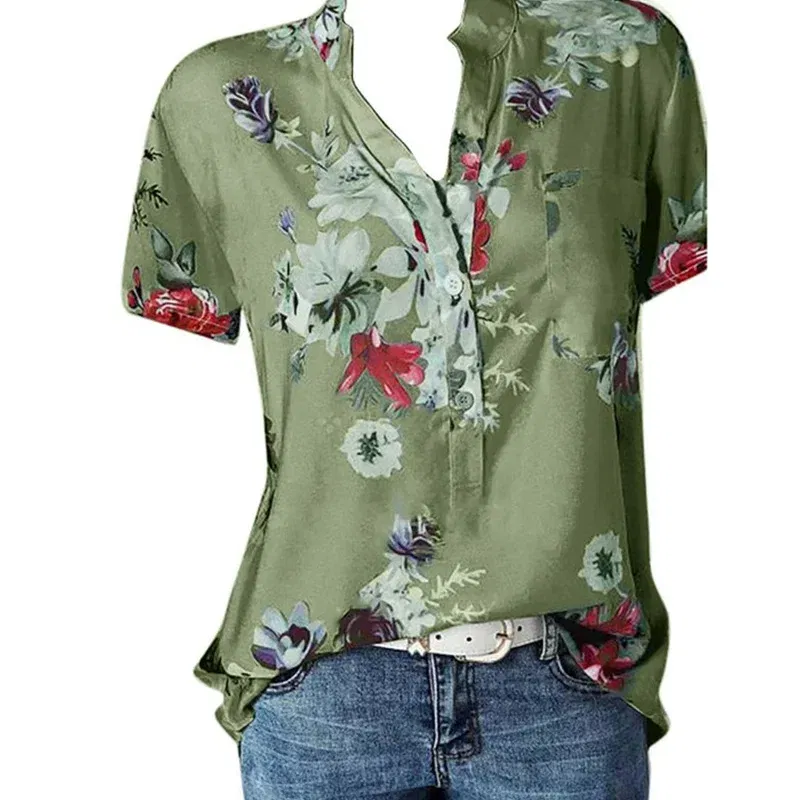 Color: Gold, Size: 5XL - Temperament new women's shirt printing large size casual shirt loose V-neck short-sleeved shirt blouse