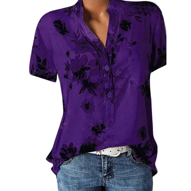 Color: Gold, Size: 5XL - Temperament new women's shirt printing large size casual shirt loose V-neck short-sleeved shirt blouse