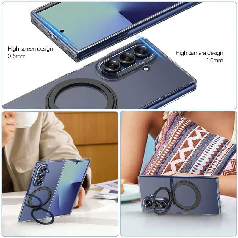 Color: Gold, Compatibility by Model: Galaxy Z Fold7 - 360?° Rotating Magnetic Holder Phone Case For Samsung Galaxy Z Fold 7 Magsafe Wireless Charging Transparent Hard Shockproof Cover