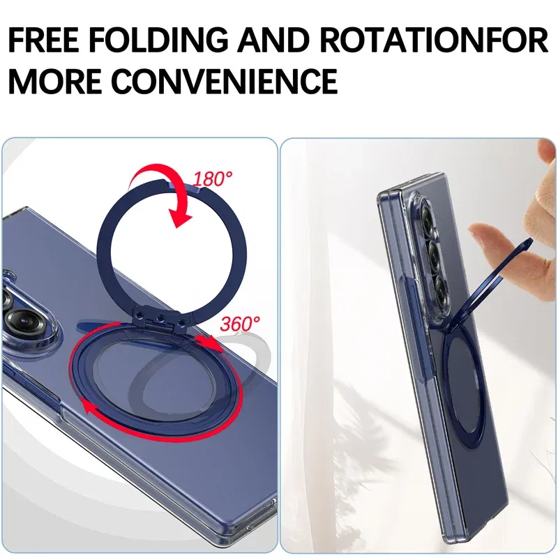 Color: Gold, Compatibility by Model: Galaxy Z Fold7 - 360?° Rotating Magnetic Holder Phone Case For Samsung Galaxy Z Fold 7 Magsafe Wireless Charging Transparent Hard Shockproof Cover