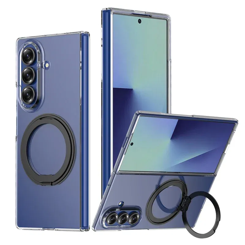 Color: Gold, Compatibility by Model: Galaxy Z Fold7 - 360?° Rotating Magnetic Holder Phone Case For Samsung Galaxy Z Fold 7 Magsafe Wireless Charging Transparent Hard Shockproof Cover