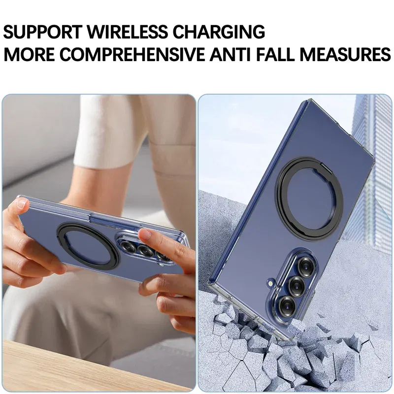 Color: Gold, Compatibility by Model: Galaxy Z Fold7 - 360?° Rotating Magnetic Holder Phone Case For Samsung Galaxy Z Fold 7 Magsafe Wireless Charging Transparent Hard Shockproof Cover