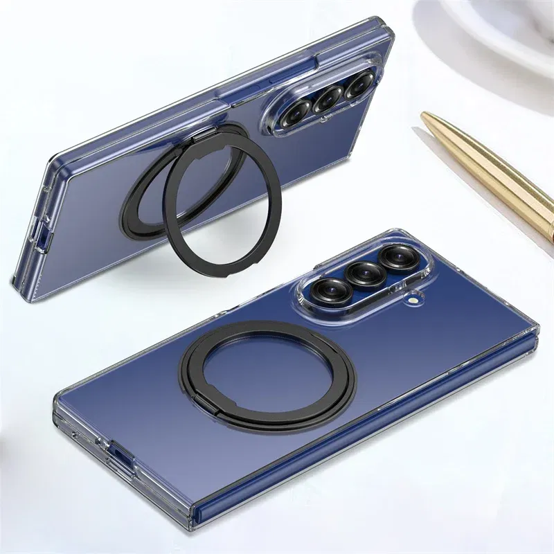Color: Gold, Compatibility by Model: Galaxy Z Fold7 - 360?° Rotating Magnetic Holder Phone Case For Samsung Galaxy Z Fold 7 Magsafe Wireless Charging Transparent Hard Shockproof Cover