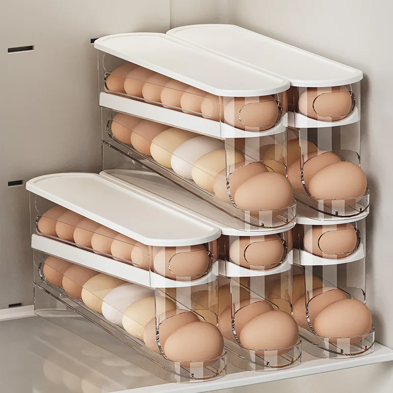 Color: WHITE - Bilayer Fridge Egg Storage Box Automatic Rolling Eggs Holder Rack Ladder Style Refrigerator Eggs Dispenser Egg Organizers Holder