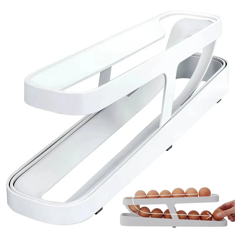 Color: WHITE - Bilayer Fridge Egg Storage Box Automatic Rolling Eggs Holder Rack Ladder Style Refrigerator Eggs Dispenser Egg Organizers Holder
