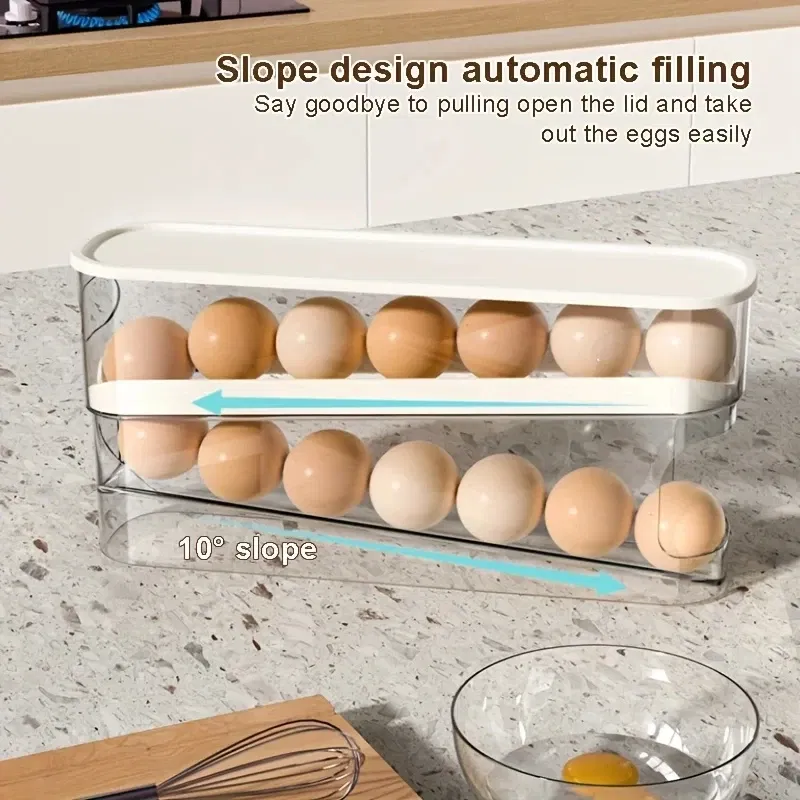 Color: WHITE - Bilayer Fridge Egg Storage Box Automatic Rolling Eggs Holder Rack Ladder Style Refrigerator Eggs Dispenser Egg Organizers Holder