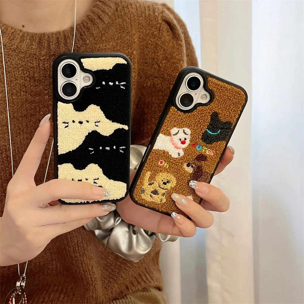 Color: Beige, Material: Silicon - Luxury Cartoon Embroidery Cute Dog Cats Colorful Dots Phone Case For iPhone 13 14 15 16 Pro Max Plush Winter Shockproof Cover