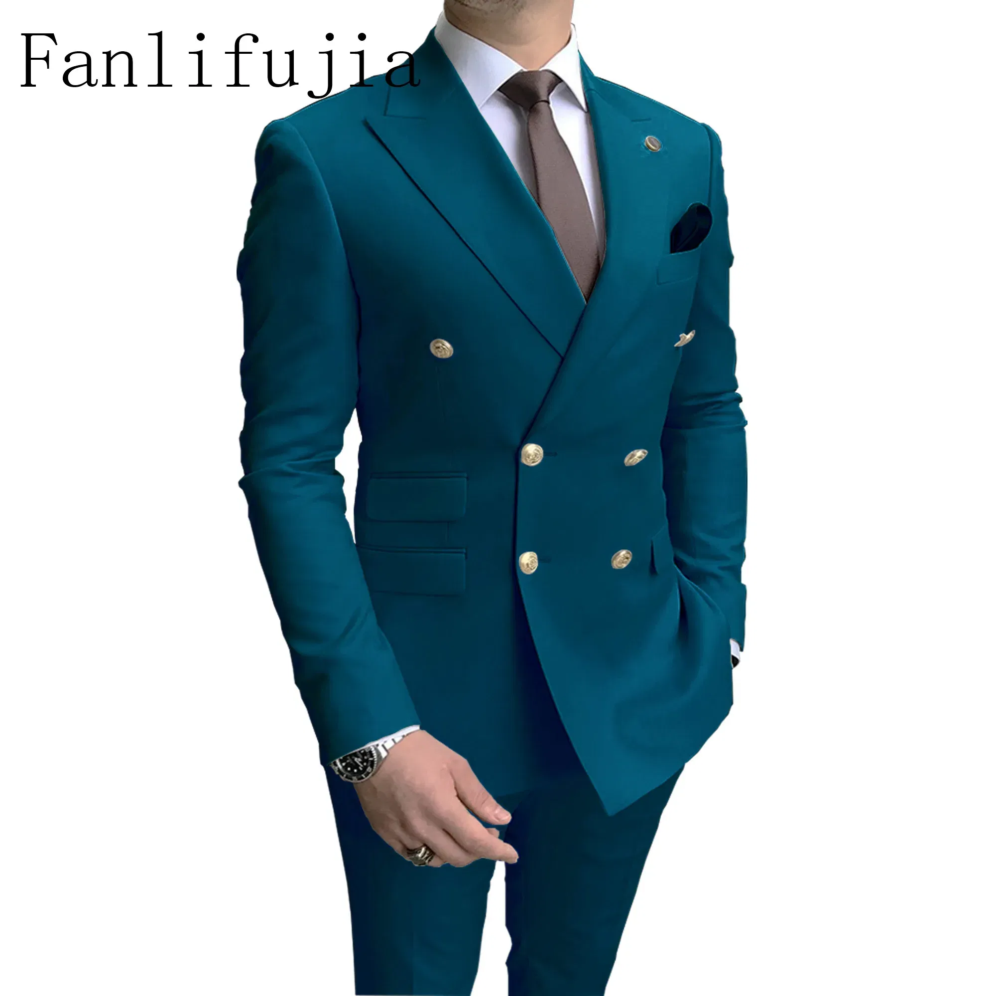 Color: Navy Blue, Size: S - Fanlifujia Store 2024 Casual Sky Blue Men Suits Double Brested Peak Lapel  Gold Button Groom Wedding Tuxedos Best Costume Homme