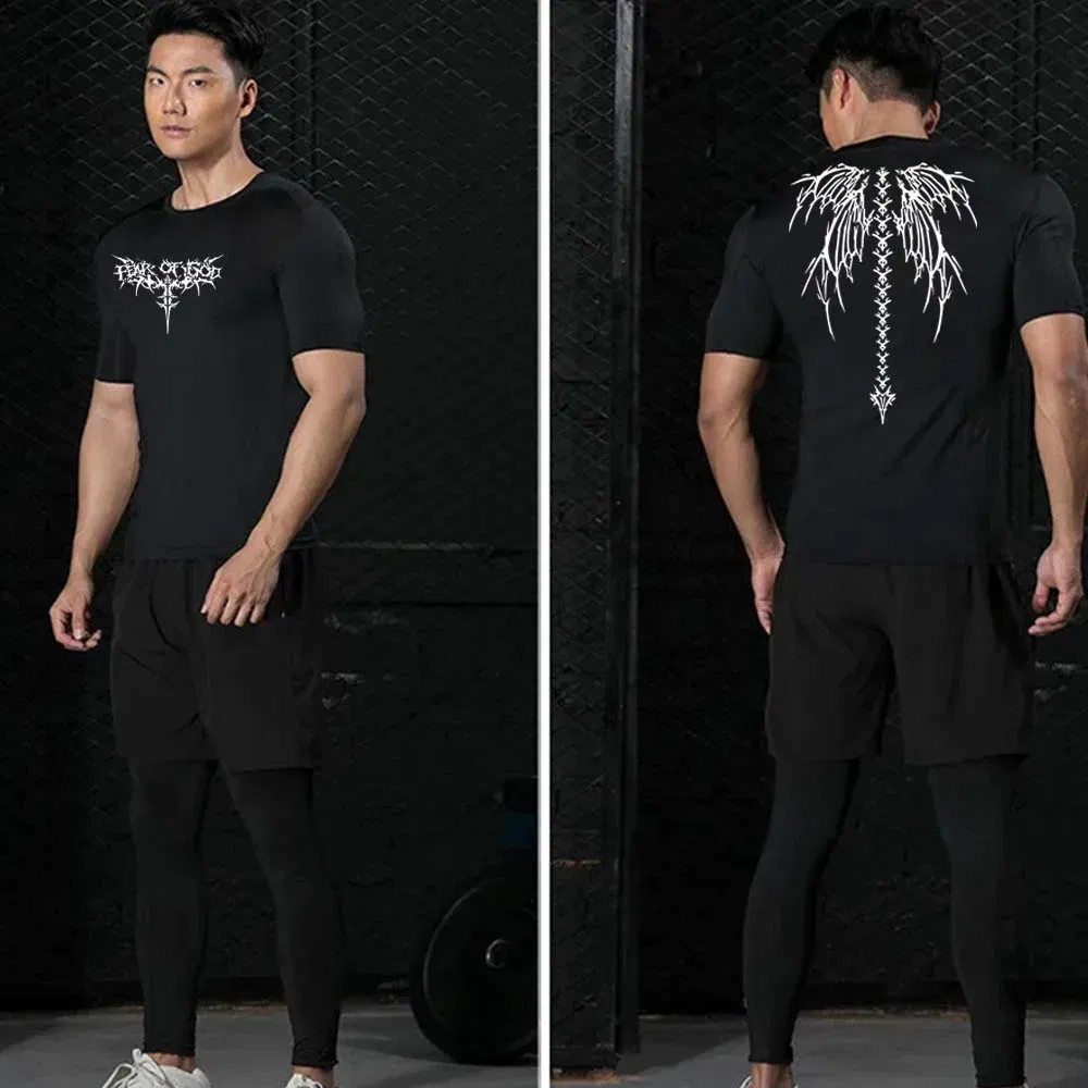 Color: Silver, Size: XXL - Men's Compression Shirt Anime Print Gym Sport Quick Dry Gym TShirts Fitness Athletic Undershirts Elasticity Tops Tee Summer Male