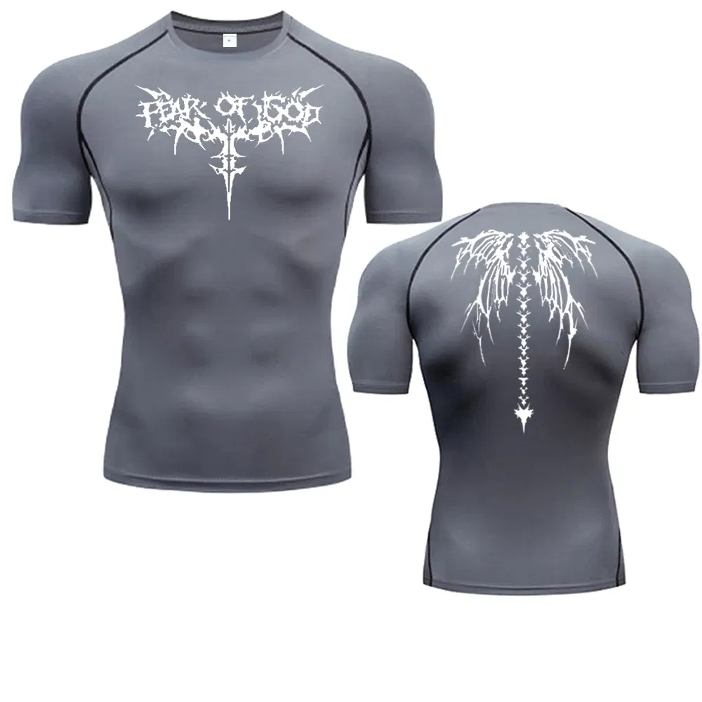 Color: Silver, Size: XXL - Men's Compression Shirt Anime Print Gym Sport Quick Dry Gym TShirts Fitness Athletic Undershirts Elasticity Tops Tee Summer Male