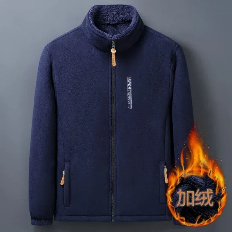 Color: Blue, Size: XXXL - Winter Men Outdoor Fleece Jacket Casual Polar Fleece Cold-Proof Thickened Coat Lightweight Windproof Zipper Cardigan Warm Jacket