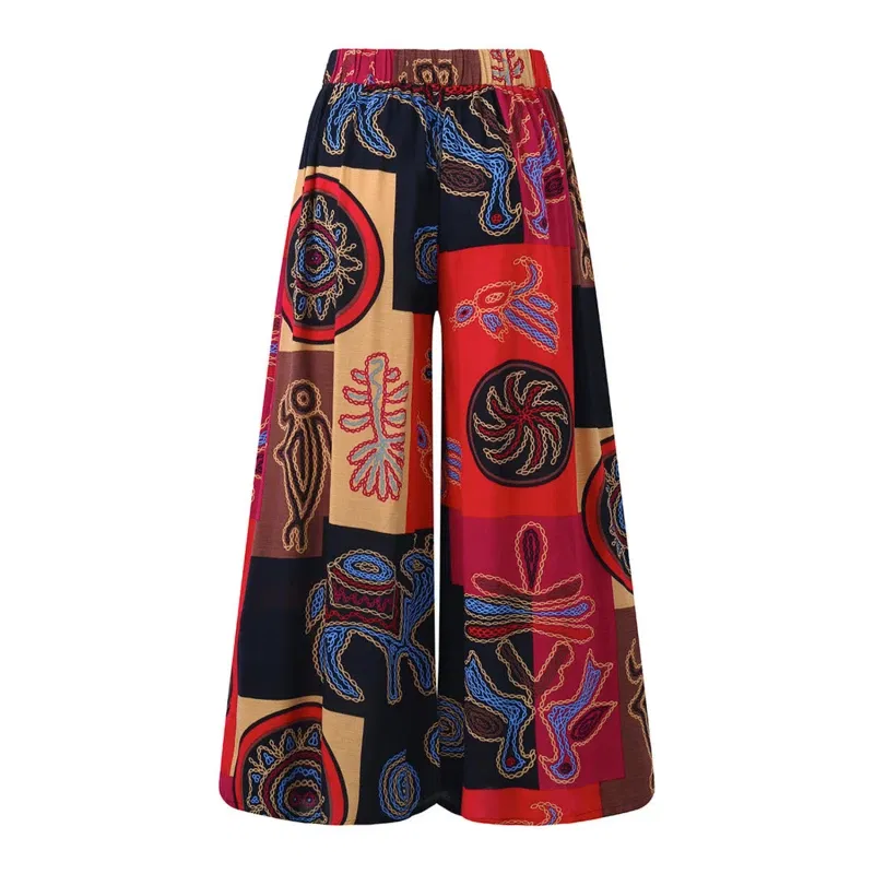 Color: Blue, Size: M - Women Elastic Pants Waist Loose Casual Print Wide Leg Pants Slim For Female Elasticated Trousers Mid Waist Wide Leg Pants