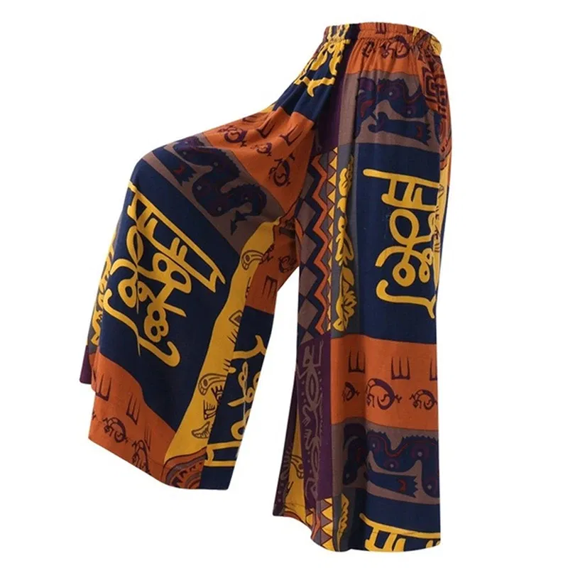 Color: Blue, Size: M - Women Elastic Pants Waist Loose Casual Print Wide Leg Pants Slim For Female Elasticated Trousers Mid Waist Wide Leg Pants