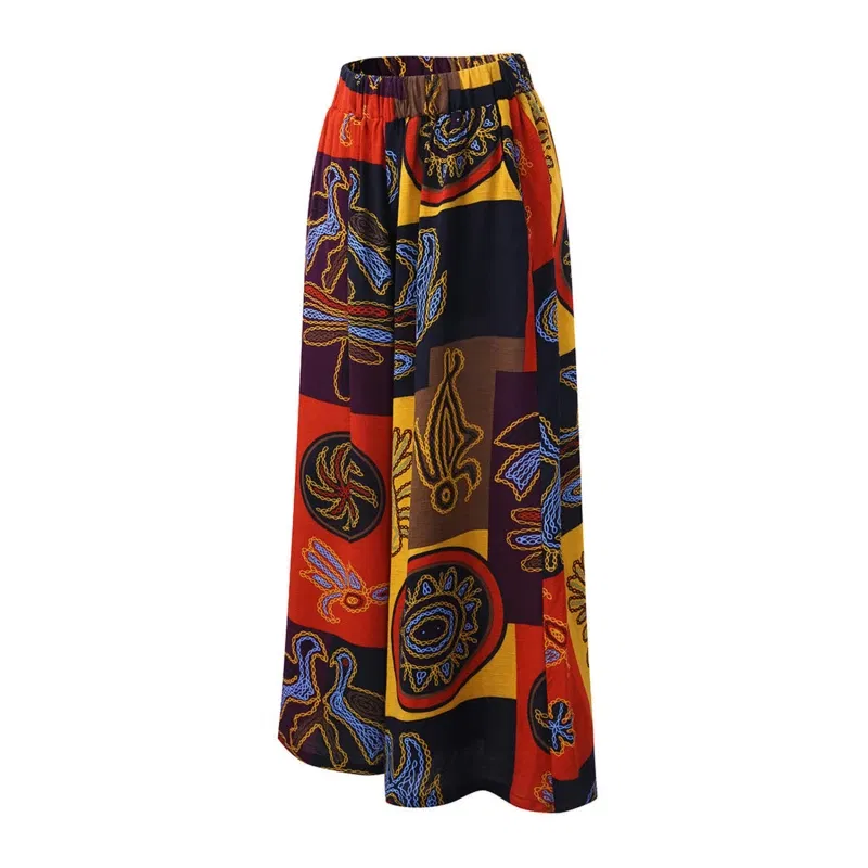 Color: Blue, Size: M - Women Elastic Pants Waist Loose Casual Print Wide Leg Pants Slim For Female Elasticated Trousers Mid Waist Wide Leg Pants