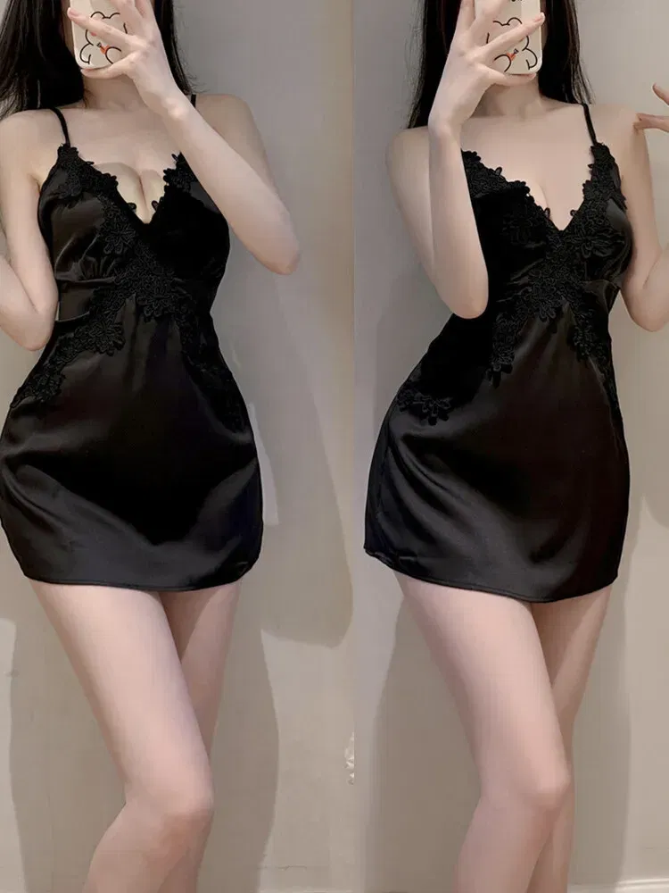 Color: black, Size: L - Tank Mini Dress Fashion Korean 2023 New Sweet Lingerie Sexy V Neck Satin Lace Backless Strap Dress Elegant Tops Lace Sheer UZ38