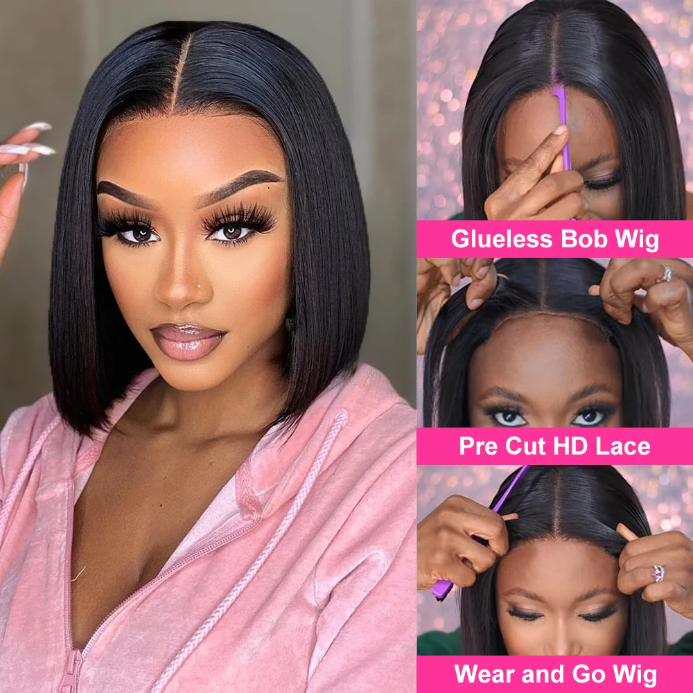 Hair Color: #1, Ships From: CHINA, Stretched Length: 16inches, Density: 180% - Wear And Go Glueless Bob Wig Human Hair 7x5 HD Lace Closure Human Hair Pre Plucked  No Glue Pre Cut Ready To Wear Frontal Wig