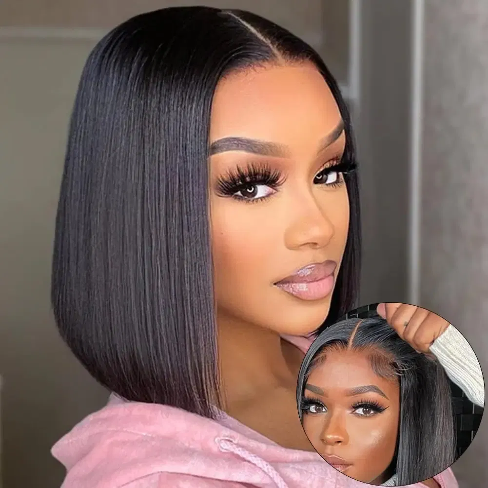 Hair Color: #1, Ships From: CHINA, Stretched Length: 16inches, Density: 180% - Wear And Go Glueless Bob Wig Human Hair 7x5 HD Lace Closure Human Hair Pre Plucked  No Glue Pre Cut Ready To Wear Frontal Wig