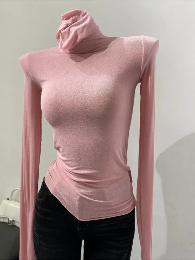 Color: black, Size: One Size - Thin Soft American Long Sleeve T-shirt High Stacked Neck Tight Perspective Bottom Shirt Women's Slim Fit Tops Sexy Streetwear
