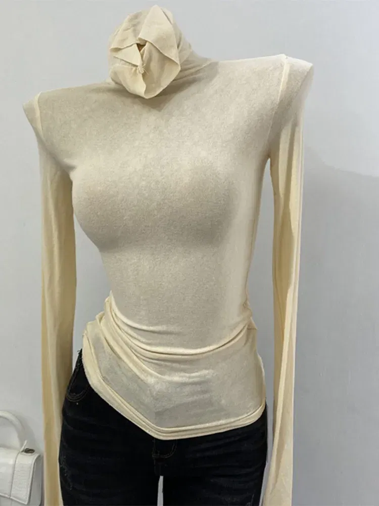 Color: black, Size: One Size - Thin Soft American Long Sleeve T-shirt High Stacked Neck Tight Perspective Bottom Shirt Women's Slim Fit Tops Sexy Streetwear