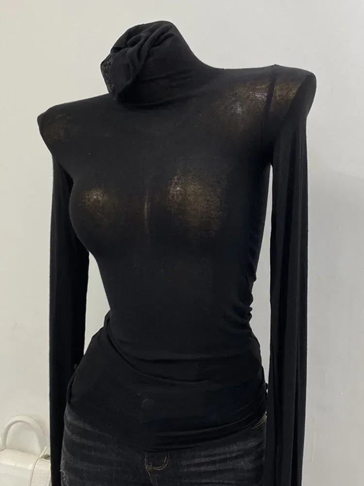 Color: black, Size: One Size - Thin Soft American Long Sleeve T-shirt High Stacked Neck Tight Perspective Bottom Shirt Women's Slim Fit Tops Sexy Streetwear