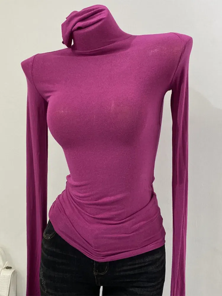 Color: black, Size: One Size - Thin Soft American Long Sleeve T-shirt High Stacked Neck Tight Perspective Bottom Shirt Women's Slim Fit Tops Sexy Streetwear