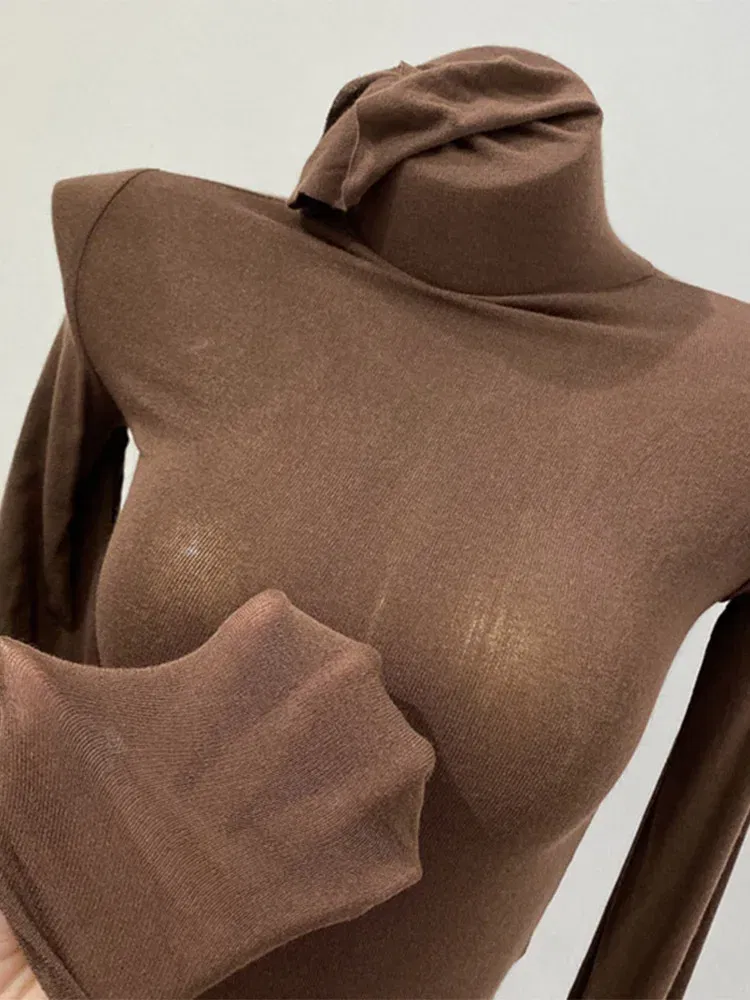 Color: black, Size: One Size - Thin Soft American Long Sleeve T-shirt High Stacked Neck Tight Perspective Bottom Shirt Women's Slim Fit Tops Sexy Streetwear