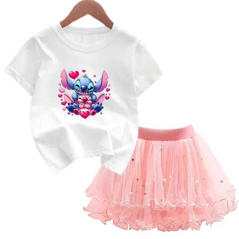 Color: Ivory, Kid Size: 4T - 2pcs Lilo Stitch Summer Girls Outfits Cartoon T-shirt and Tutu Skirt Princess Clothes Suit Children Birthday Clothing Sets