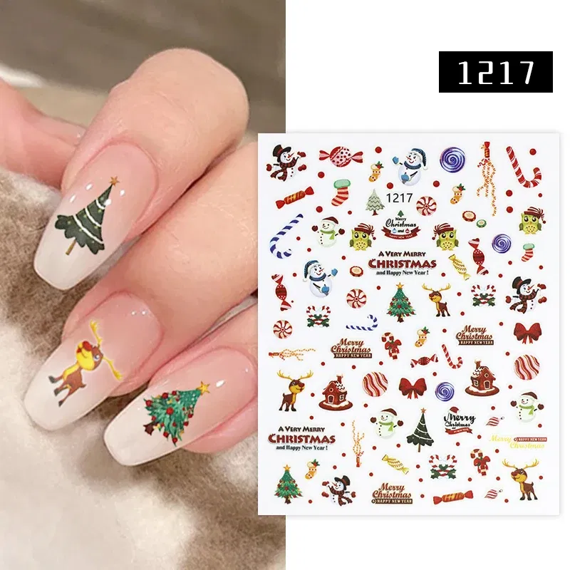 Color: Lightblue - 1Pc Christmas Stickers Santa Claus Snowflake Decals Catoon Image Muti- Pattern New Year Halloween Nail Art Stickers for Manicure