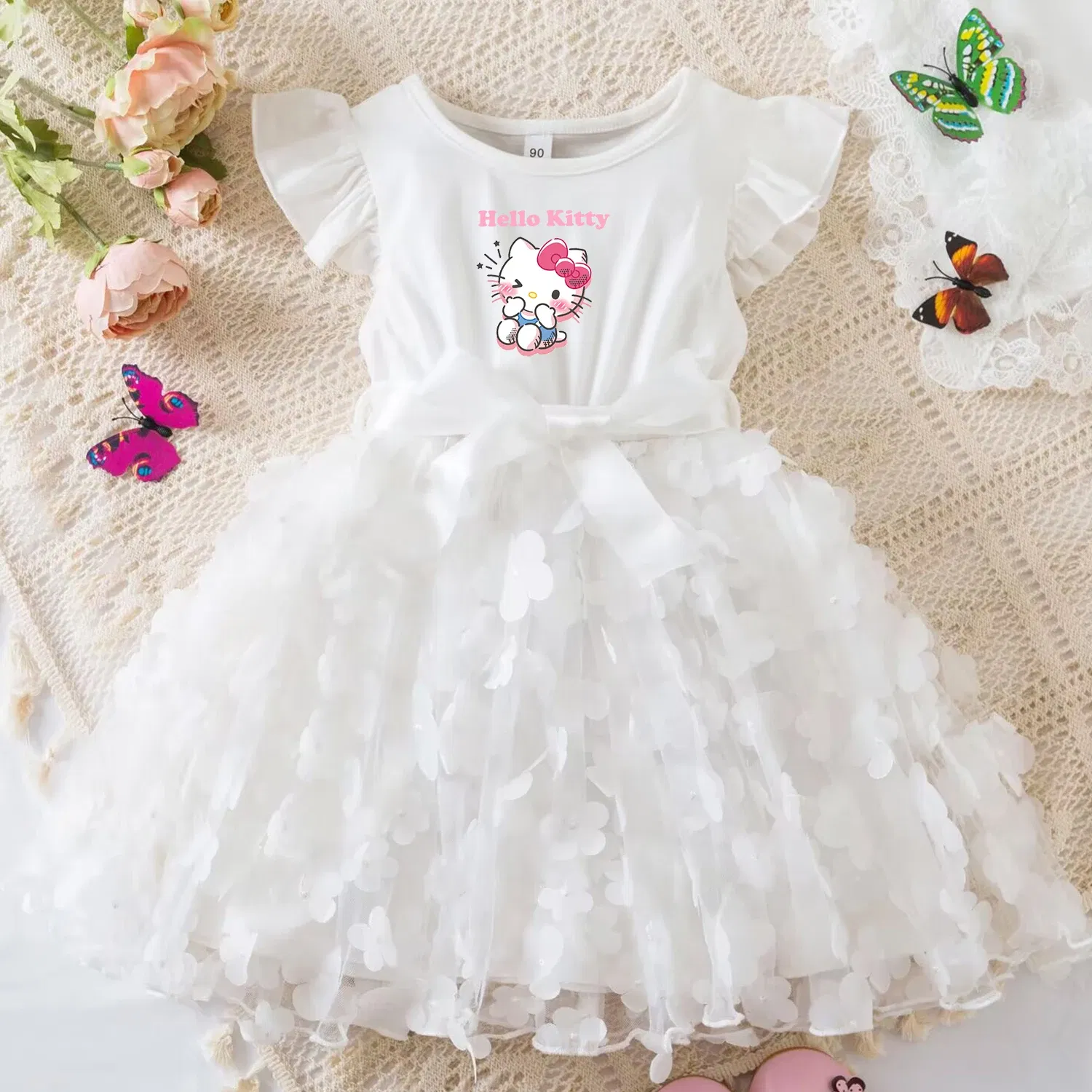 Color: Khaki, Size: XL - Hello Kitty Summer Dress for Kid's Casual Clothes 3D Butterfly Cute Baby Girls Princess Dress Party Dresses 2-6 Yrs