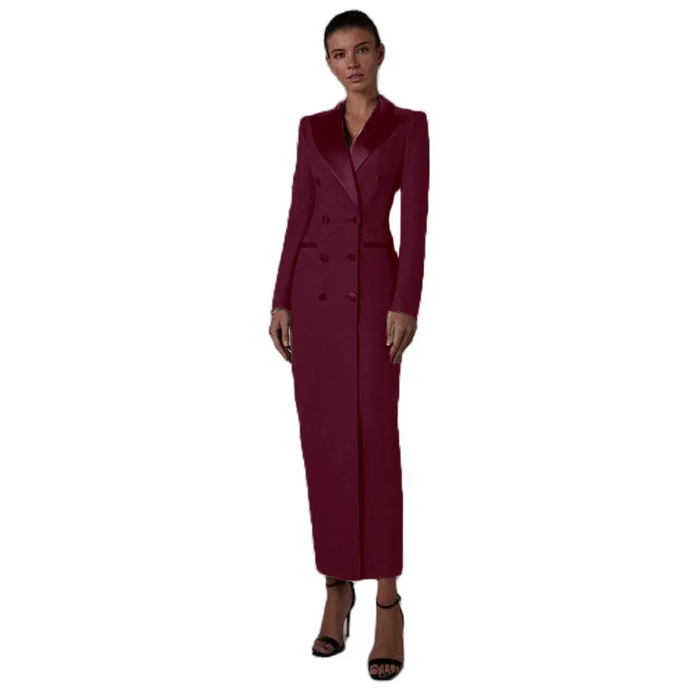 Color: Burgundy, Size: L - Women's Suit Long Jacket One Piece Blazer Double Breasted Formal Tuxedo Party Dress кос?‚юм ?¶?µнский