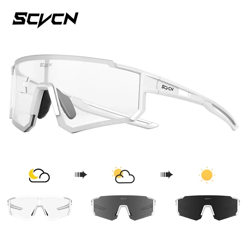 Color Name: Yellow - SCVCN Color Photochromic Cycling Glasses Outdoo Fashion Sports Sunglasses Men MTB Cycling Sunglasses Women Road Bike Glasses