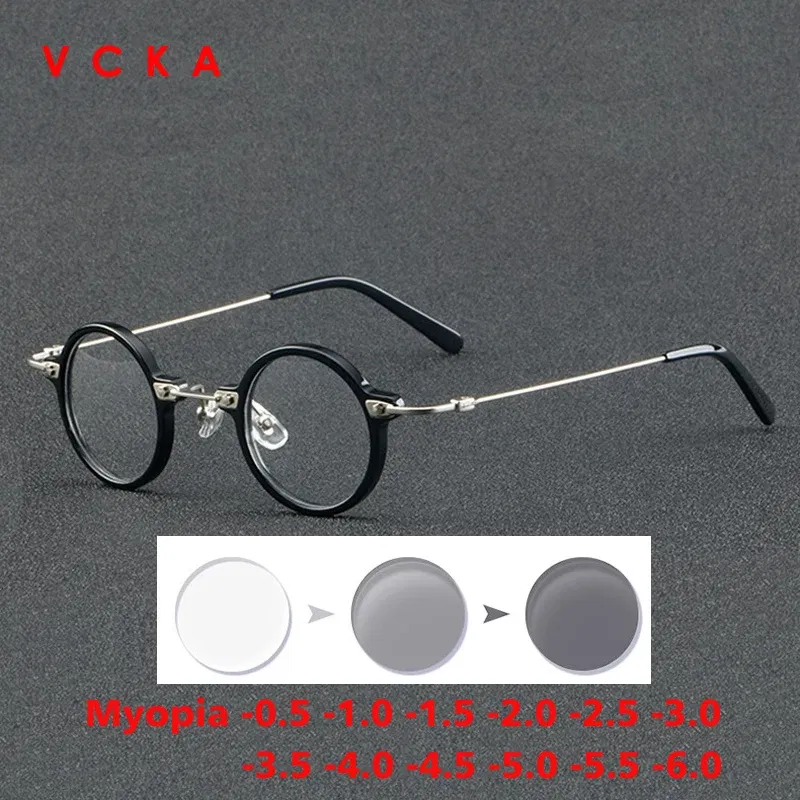 Frame Color: WHITE, Eye Prescription: +50 - VCKA Anti-blue Discolor Acetate+Titanium Myopia Glasses Frames Small Round Men Prescription Optical Women Eyewear -0.50 to -10.0