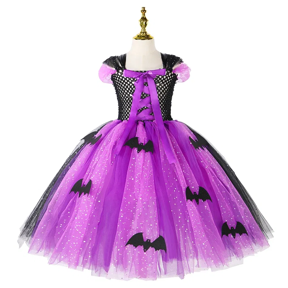 Color: Blue, Kid Size: 11 - Halloween Witch Tutu Dress for Girls Handmade Mesh Bat Wizard Cosplay Costumes with Hat Broom Toddler Evil Party Clothes Set
