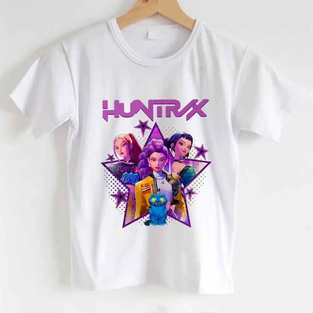 Color: Gold, Kid Size: 7 - KPOP Hunters Anime series pattern Girl T-shirt, Huntrix girl Group cute T-shirt