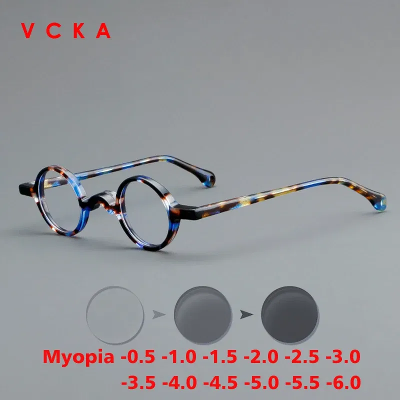 Frame Color: Dark Brown, Eye Prescription: +450 - VCKA Photochromic Acetate Myopia Glasses Men Retro Small Round Frames Women Custom prescription Anti-Blue  Eyewear -0.5 TO -10