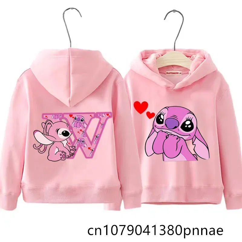 Color: Silver, Kid Size: 5 - Girls Boys Lilo and Stitch Sportswear Hoodies Casual Fashion Sweatshirts Angel Letter AZ Anime Autumn/Winter Hoodie Kids Hoodies