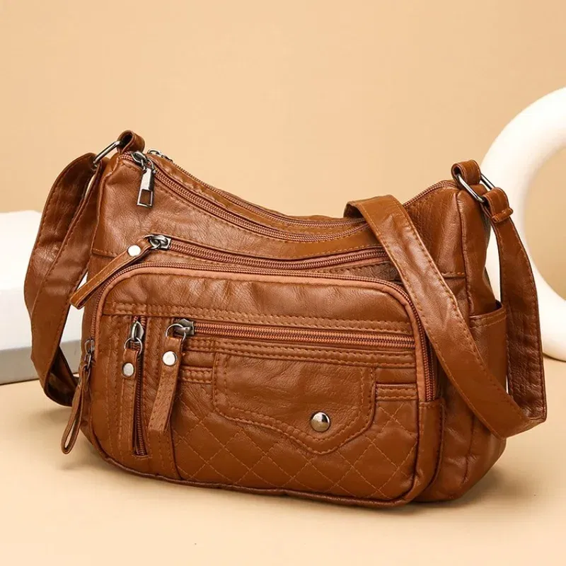 Soft PU Leather Waterproof Shoulder Bag Women Retro Casual Crossbody Bag Multiple Pockets Large Capacity Classic All Match Bags