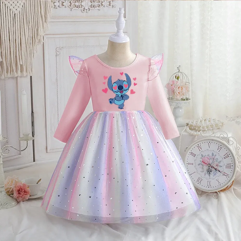 Color: Silver, Kid Size: 7 - Stitch Princess Dress Autumn New Disney Baby Girls Dress Spring Autumn Long-sleeved For Children Kids Clothes Birthday Party