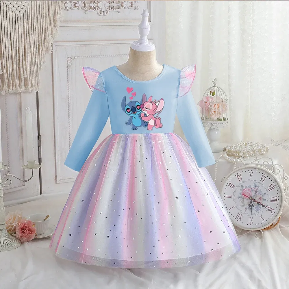 Color: Silver, Kid Size: 7 - Stitch Princess Dress Autumn New Disney Baby Girls Dress Spring Autumn Long-sleeved For Children Kids Clothes Birthday Party