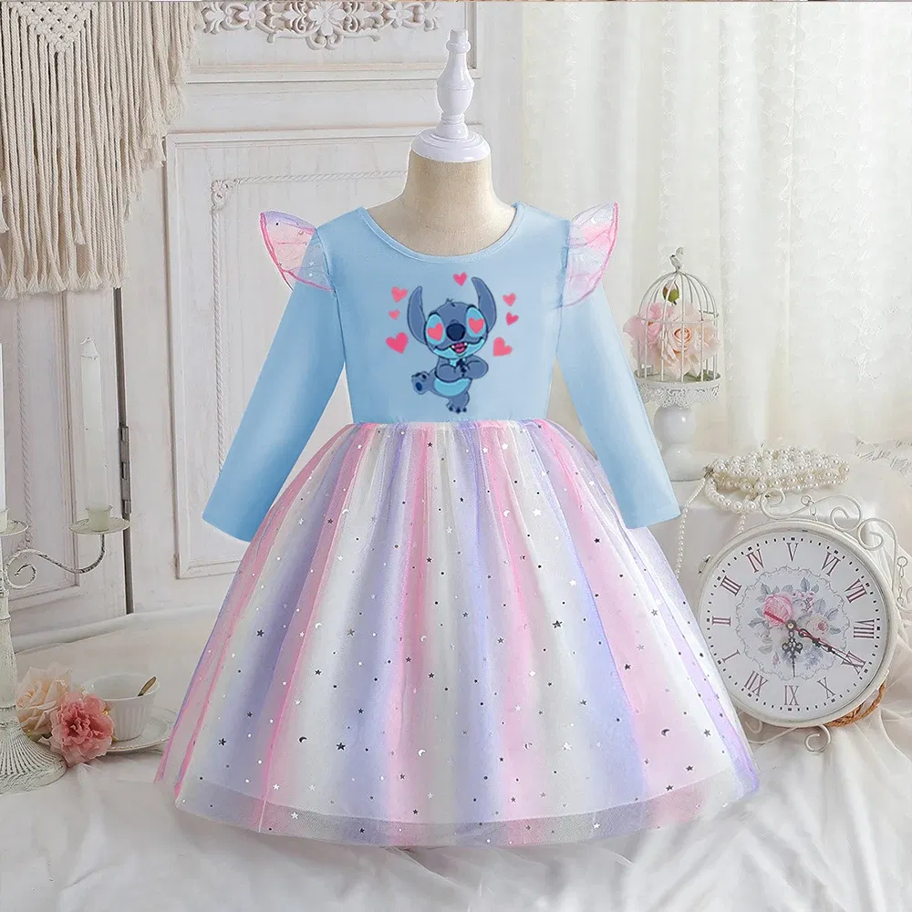 Color: Silver, Kid Size: 7 - Stitch Princess Dress Autumn New Disney Baby Girls Dress Spring Autumn Long-sleeved For Children Kids Clothes Birthday Party