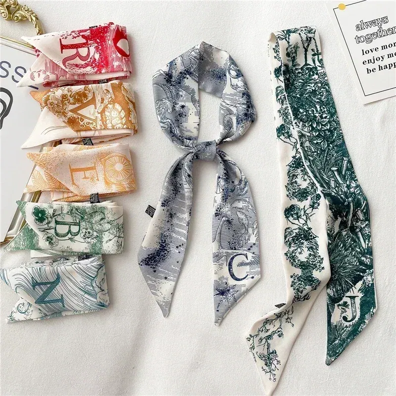 Color: MULTI, Size: XXS - Fashion Skinny Scarf Women Luxury letter Printing Tie Bag Handle Ribbon Hair Band Women's Headscarf New Lady Design Silk Scarves