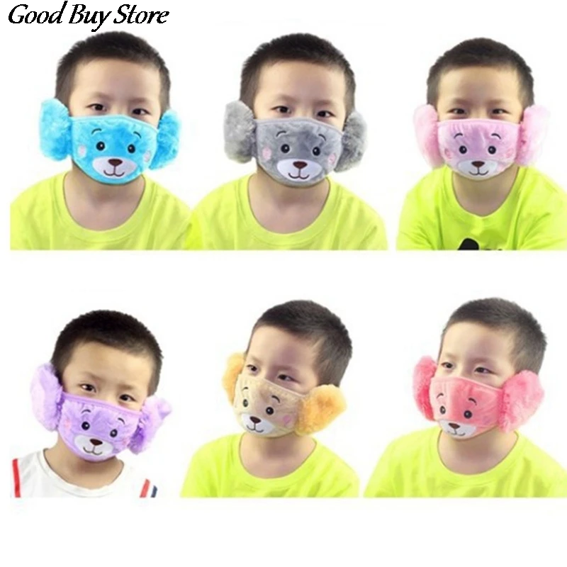 Color: black - Cartoon Bear Earmuffs Children Autumn Winter Fur Earmuff Mouth Cover Kids Comfortable Ear Muff Ear Warmer Skiing Warm Earlap