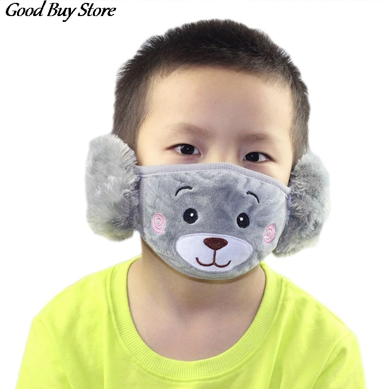 Color: black - Cartoon Bear Earmuffs Children Autumn Winter Fur Earmuff Mouth Cover Kids Comfortable Ear Muff Ear Warmer Skiing Warm Earlap