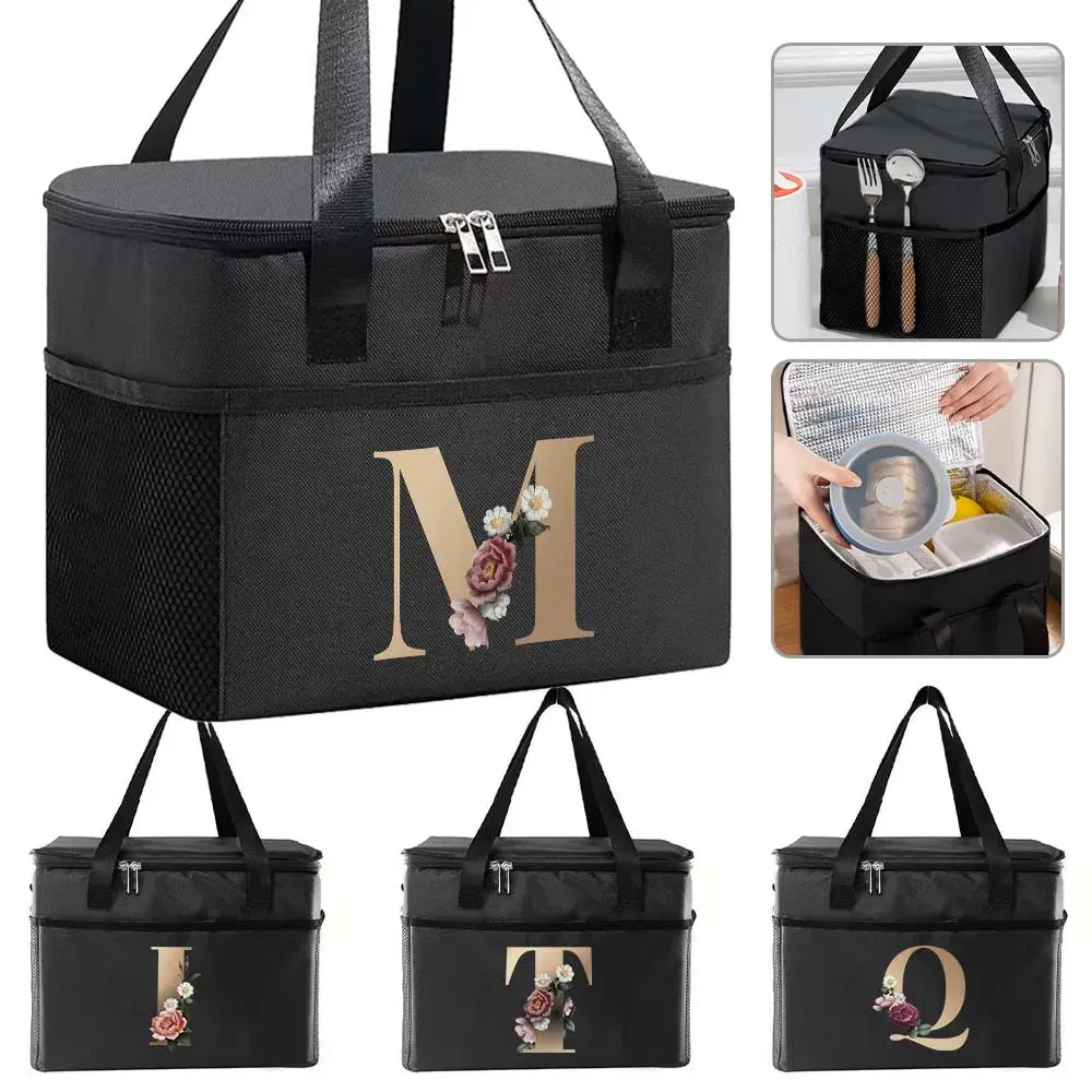 Color: Pink - Thermal Bag Portable Lunch Bags Insulated Cooler Bag Food Bento Bags Printing Gold Letter Series Travel Picnic Storage Ice Bags