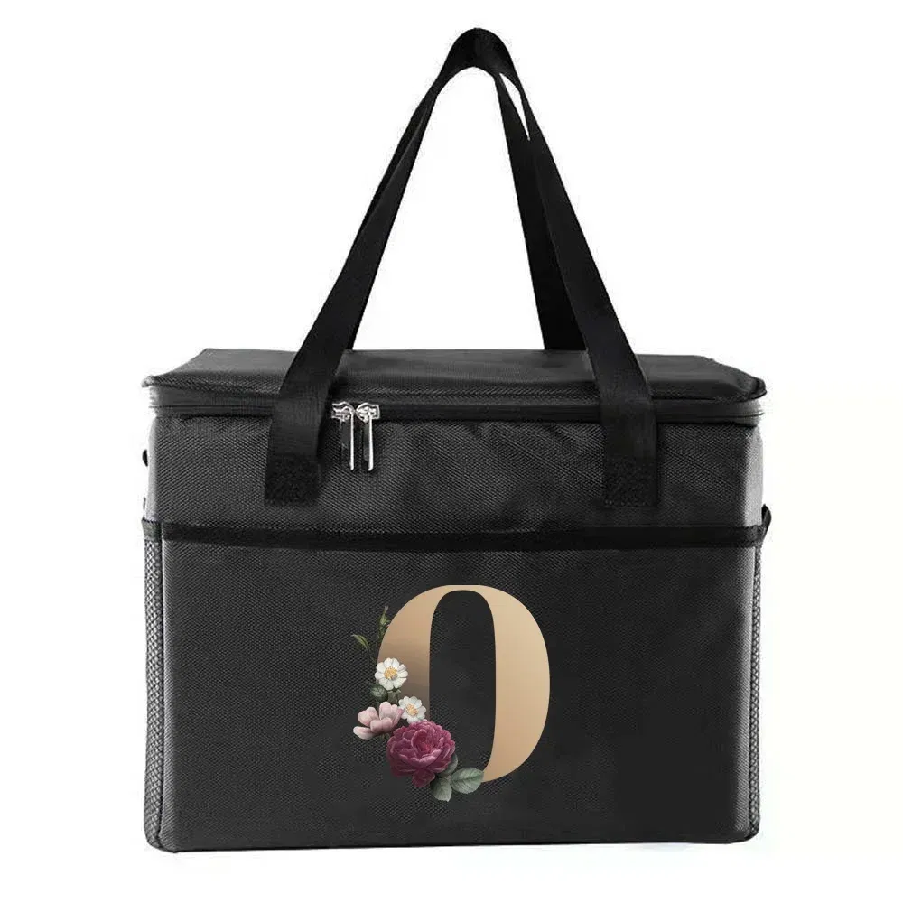 Color: Pink - Thermal Bag Portable Lunch Bags Insulated Cooler Bag Food Bento Bags Printing Gold Letter Series Travel Picnic Storage Ice Bags