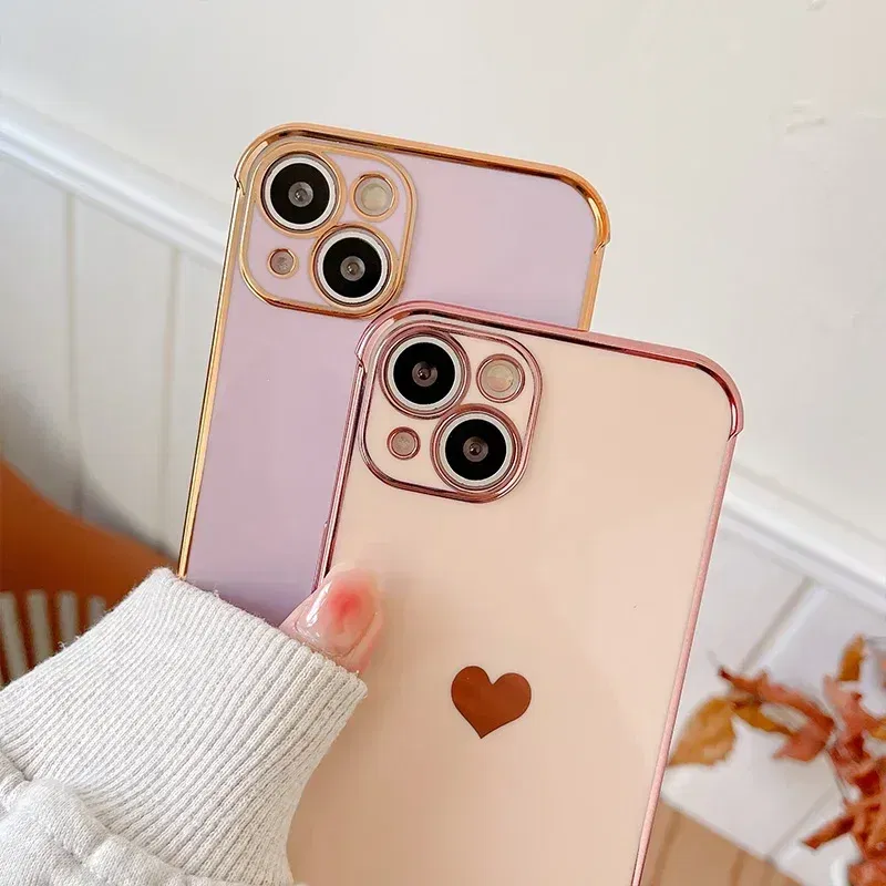 Color: Khaki, Compatible-Phone Models: For iPhone XS Max, Ships From: CN - Electroplating Side Love Heart Phone Case For IPhone 16 15 14 13 12 11 Pro Max XR 8 Plus SE2/SE3 Shockproof Back Cover