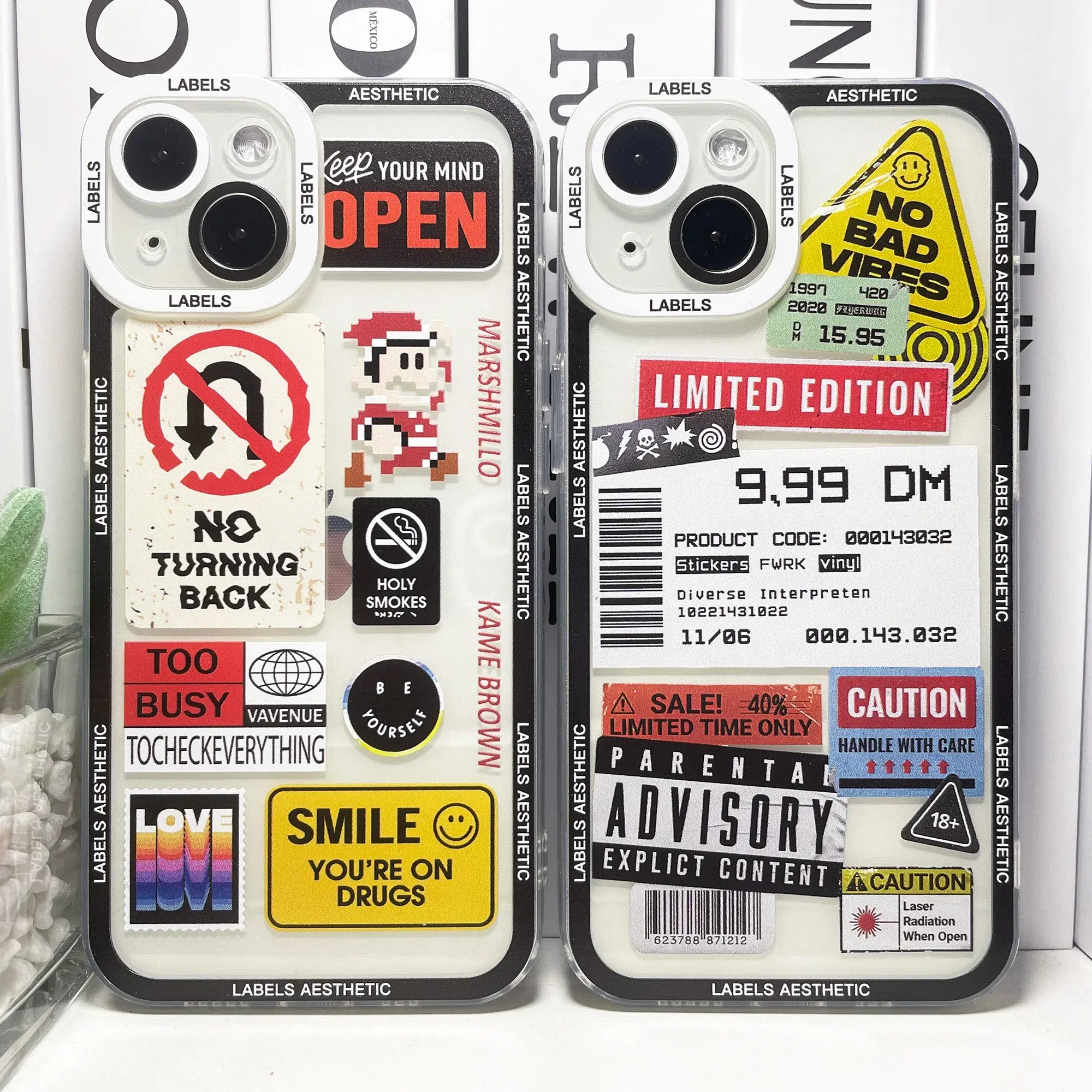 Color: black, Material: PC - Mix Labels Aesthetic Stickers Collage Phone Case For iPhone 16 15 14 13 12 11 Pro Max Mini XS X XR SE 7 8 Plus Clear Soft Cover