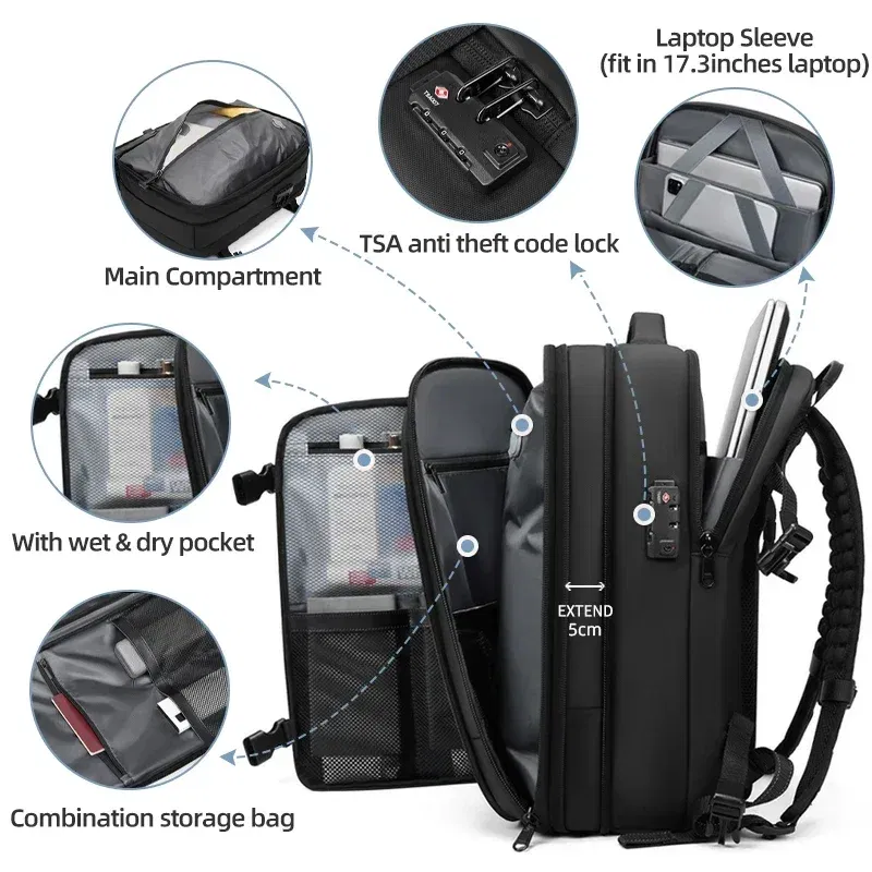 Color: Dark Grey - Men Travel Backpack vacuum compression Laptop Backpack 17 inch Extended Large Capacity school Backpack Hiking Business backpack